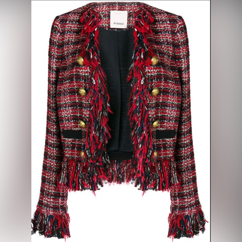 Pinko Red Tweed Fringe Open Blazer. Size: Euro 38 (US 6 = Medium)